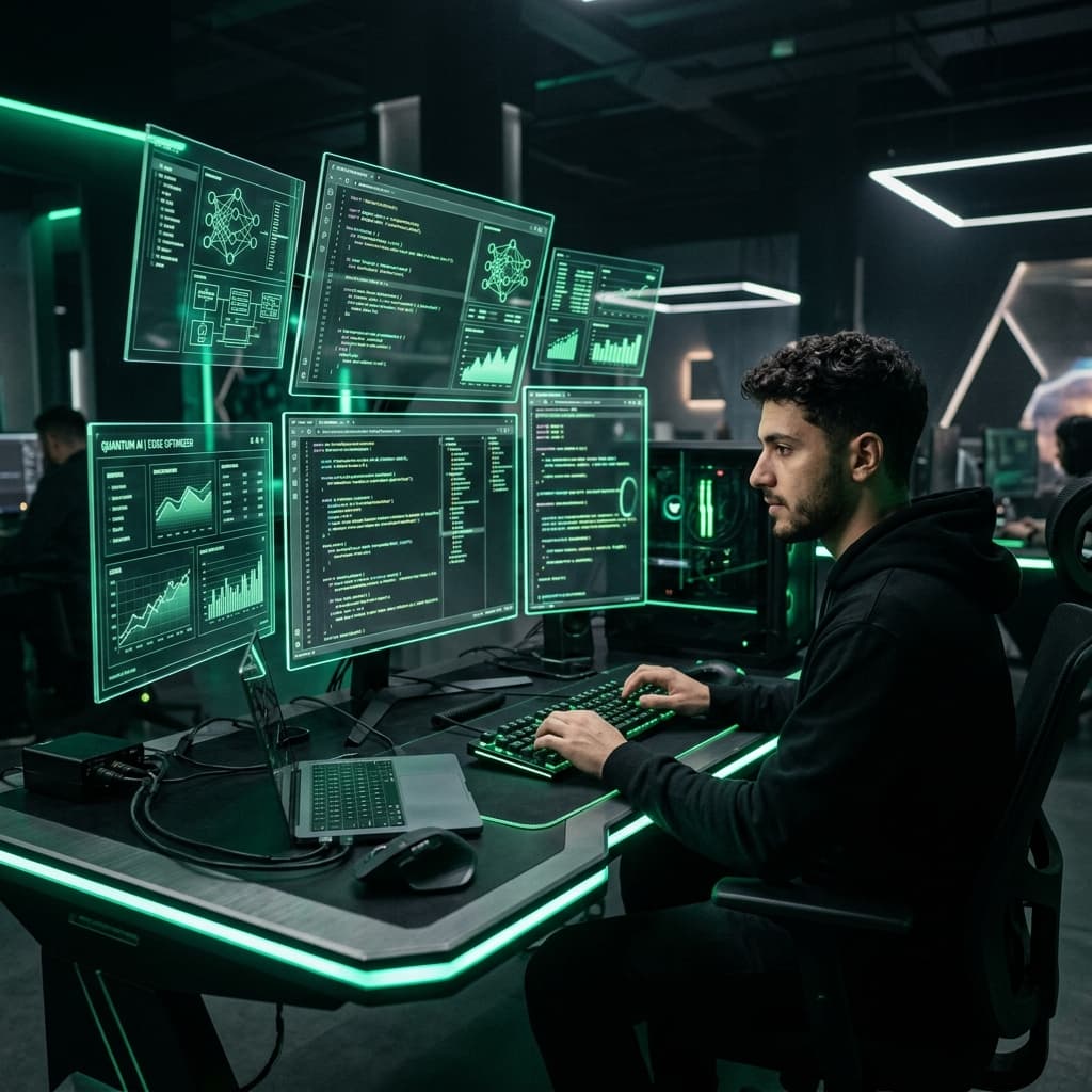 Student working on code in a futuristic tech workspace